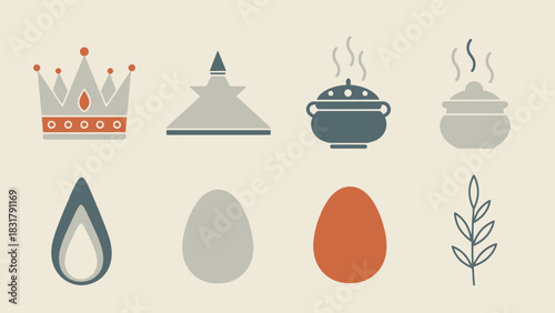 A collection of various flat design icons including a crown, a stupa, steaming pots, a flame, eggs, and a leafy branch.