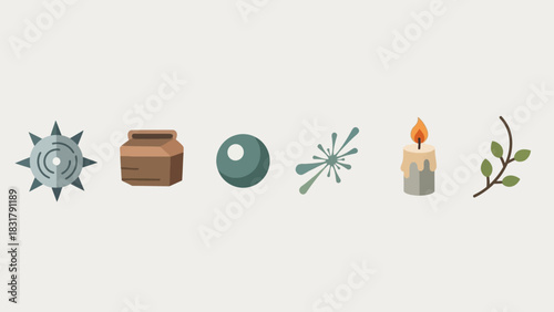 A collection of six stylized icons including a spiked ball, jar, orb, splash, lit candle, and leafy branch.