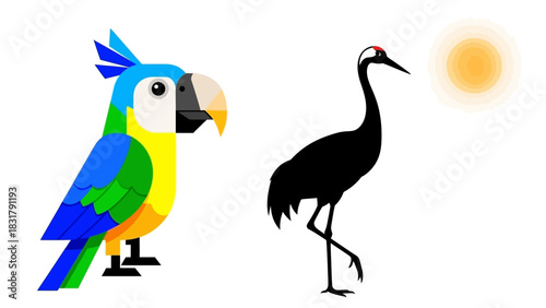 A vibrant illustration featuring a colorful parrot and a tall, elegant crane with the sun.