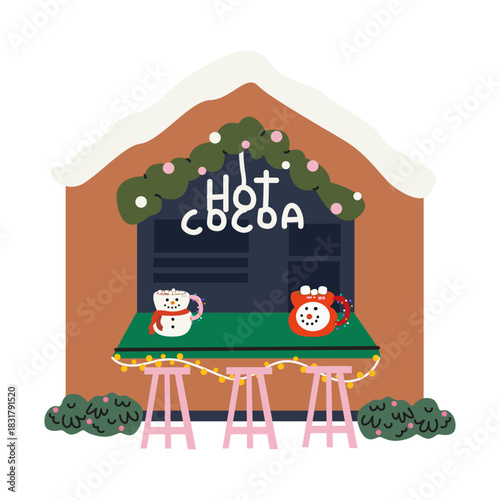 Winter festive Christmas stalls in cartoon groovy style with decorations, wreaths, snow, food and drink. Cozy winter outside retro market, fair interior vector illustration