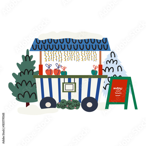 Winter festive Christmas stalls in cartoon groovy style with decorations, wreaths, snow, food and drink. Cozy winter outside retro market, fair interior vector illustration
