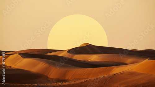 Fototapeta Naklejka Na Ścianę i Meble -  Desert Dunes at Sunset with Large Sun sand dunes landscape