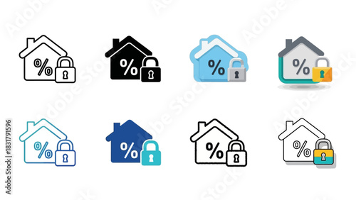 Set of modern house icons featuring a percentage sign and a padlock, symbolizing mortgage rates and security