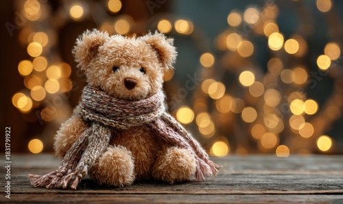 A cute teddy bear wearing scarf is sitting on a wooden surface with festive lights in the background.