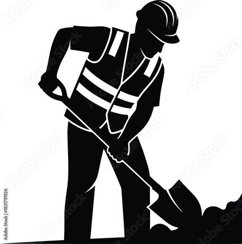 Construction worker digging with shovel silhouette isolated on white background