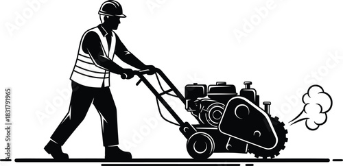 Worker with tiller machine silhouette isolated on white background