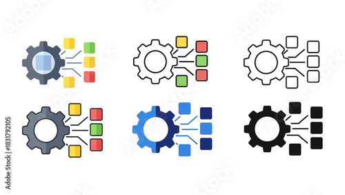 Automated data processing system integration vector icon set representing workflow optimization, digital operations, and strategic business technology solutions across various industries and platforms