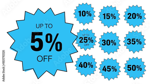 Collection of sale tags offering discounts from 5% to 50% off, perfect for retail promotions