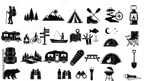 Outdoor Adventure Icons Camping, Hiking, and Wilderness Elements