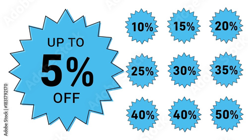 A versatile set of blue starburst sale stickers and discount price tag icons for retail promotion. This vector icon sheet offers various percentage-off labels for marketing campaigns