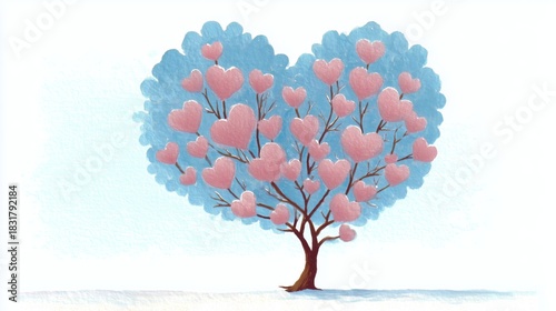 Heart-shaped tree with pink hearts on blue background, a symbol of love and affection