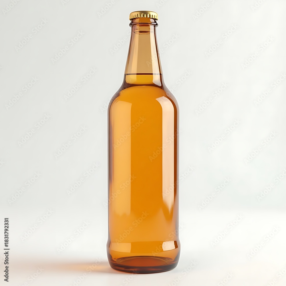 Fototapeta premium Amber Bottle with Liquid - Light Beer Still Life on Clean White Background