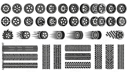 Comprehensive vector collection of automotive wheels, rims, and tire track patterns, perfect for racing, vehicle, and transportation design projects