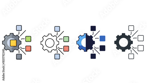 Set of Gear and Connected Boxes Icons Representing Process and Integration