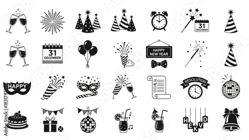 New Year's Eve Celebration Collection of Icons for Festive Designs and Decorations