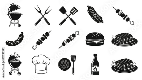 Barbecue Icons Set of Grill, Food, and Cooking Utensil Vector Illustrations for Design Projects