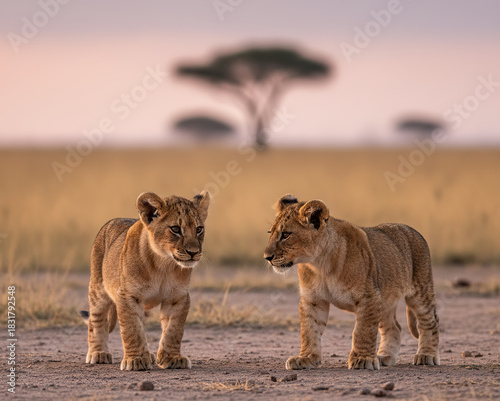 Two lion cubs walking together