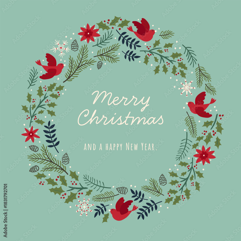 Obraz premium Cute hand drawn Christmas greenery and birds, great for prints, textiles, banners, wallpapers - vector