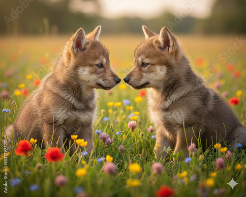 Two wolf pups sitting together
