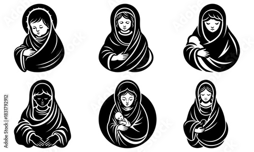 Illustrative art featuring the Virgin Mary, a collection of six iconic religious figures drawn with reverence and spiritual grace, perfect for faith-based projects