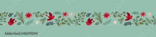 Cute hand drawn Christmas greenery and birds, seamless pattern, great for prints, textiles, banners, wallpapers - vector