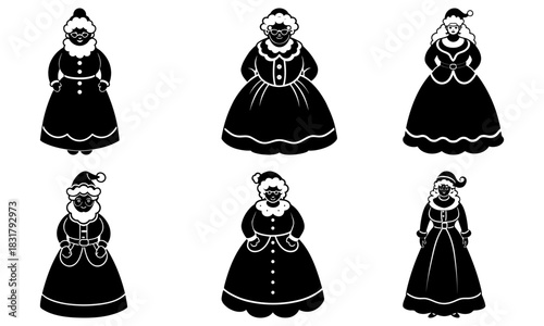 Festive Mrs Santa Claus silhouettes for holiday designs, vector icons for Christmas crafts and decorations, timeless holiday cheer and vintage charm