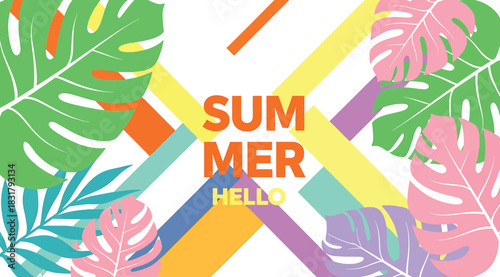 Vibrant summer greeting card design featuring colorful diagonal stripes and tropical monstera leaf illustrations in green, pink, and purple tones, with the word summer prominently displayed