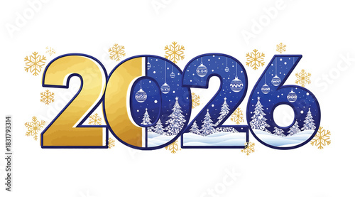 Happy new year 2026 celebration graphic featuring bold golden and blue numbers decorated with winter forest scene, snow, and golden snowflake border, isolated on