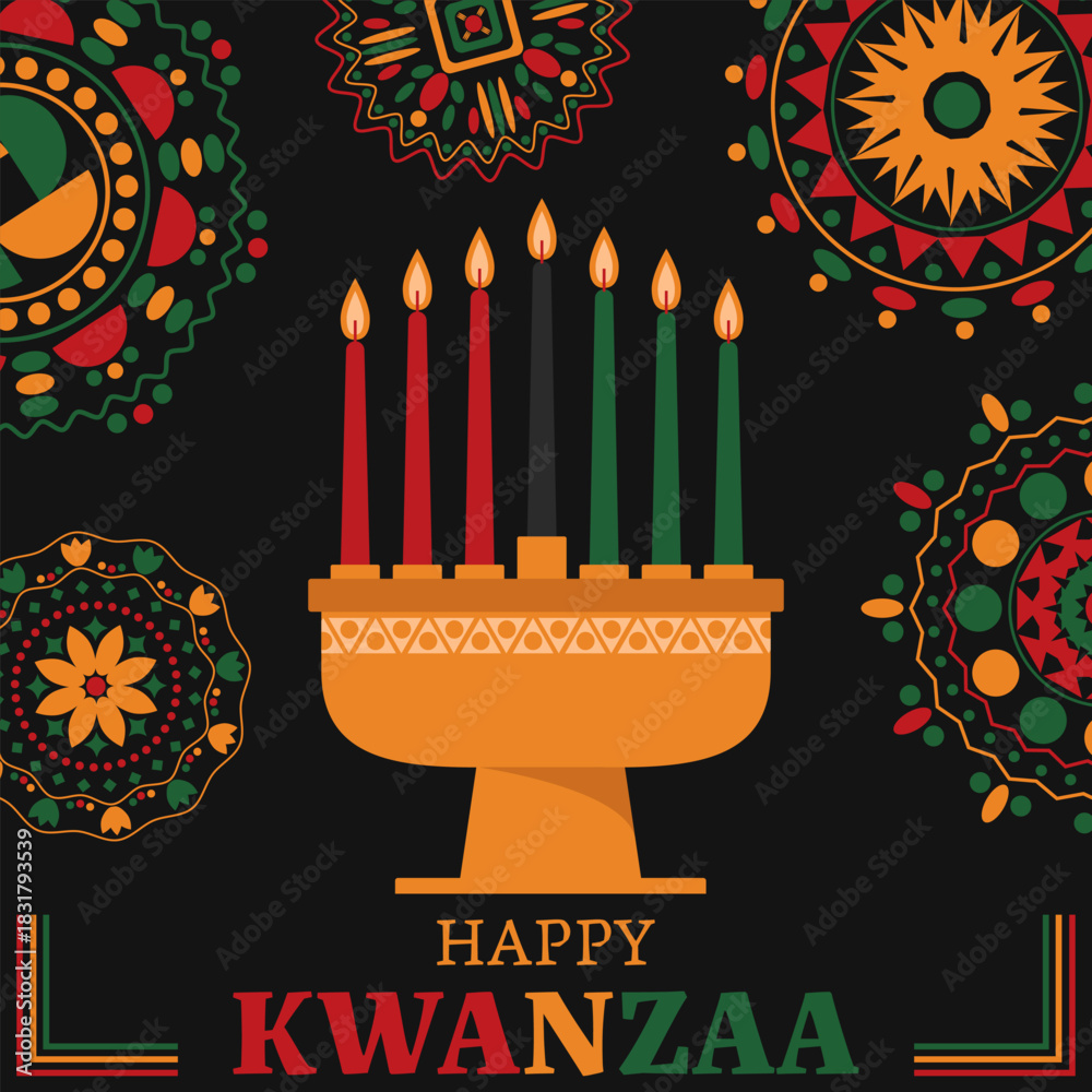 Obraz premium A kinara holds seven candles, colored red, black, and green, surrounded by festive patterns. The design celebrates Kwanzaa, highlighting cultural symbols and unity in a joyful atmosphere.