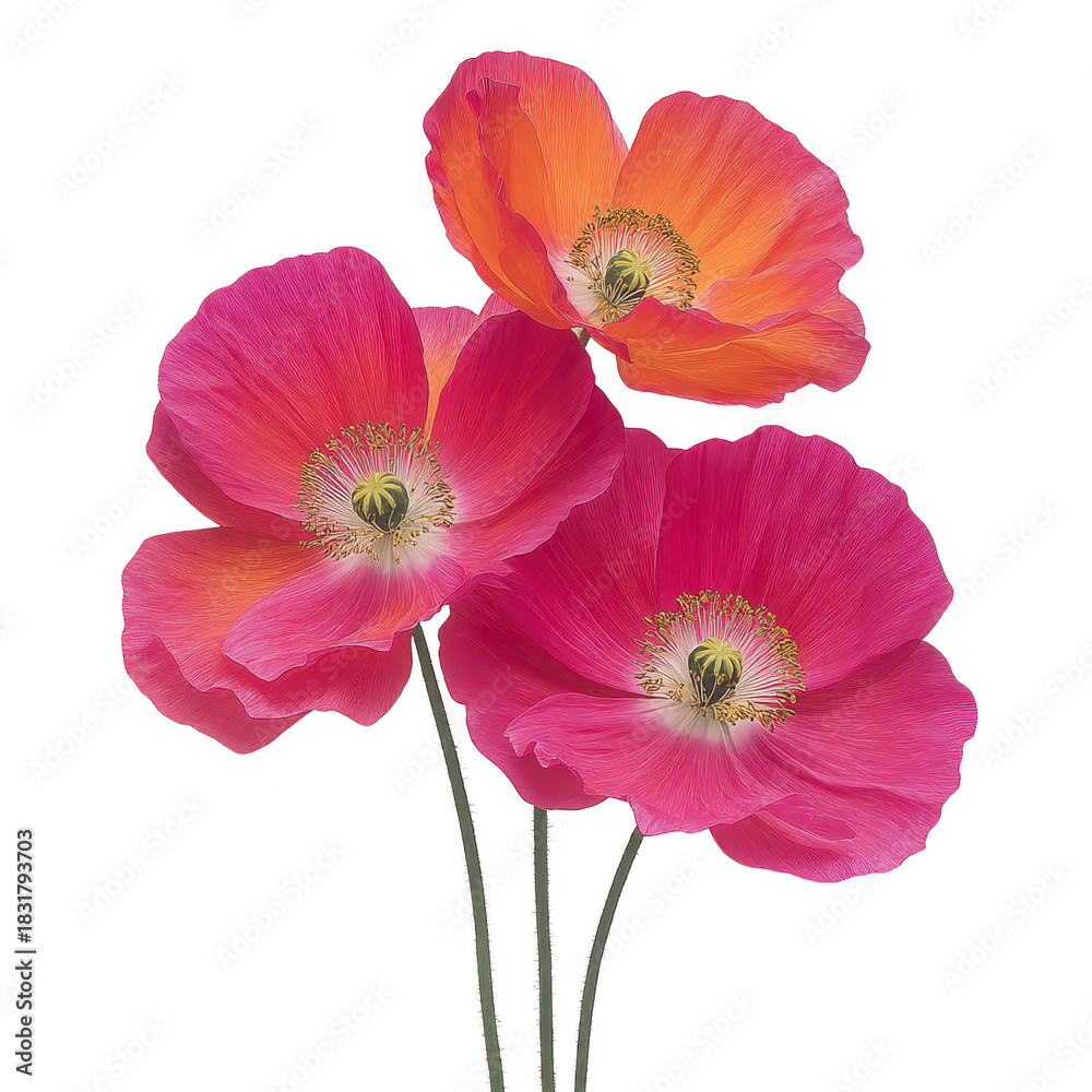 Fototapeta premium Pink and orange poppy flowers with delicate petals and green stems, isolated on transparent background, evoke sense of elegance and natural beauty for floral design projects