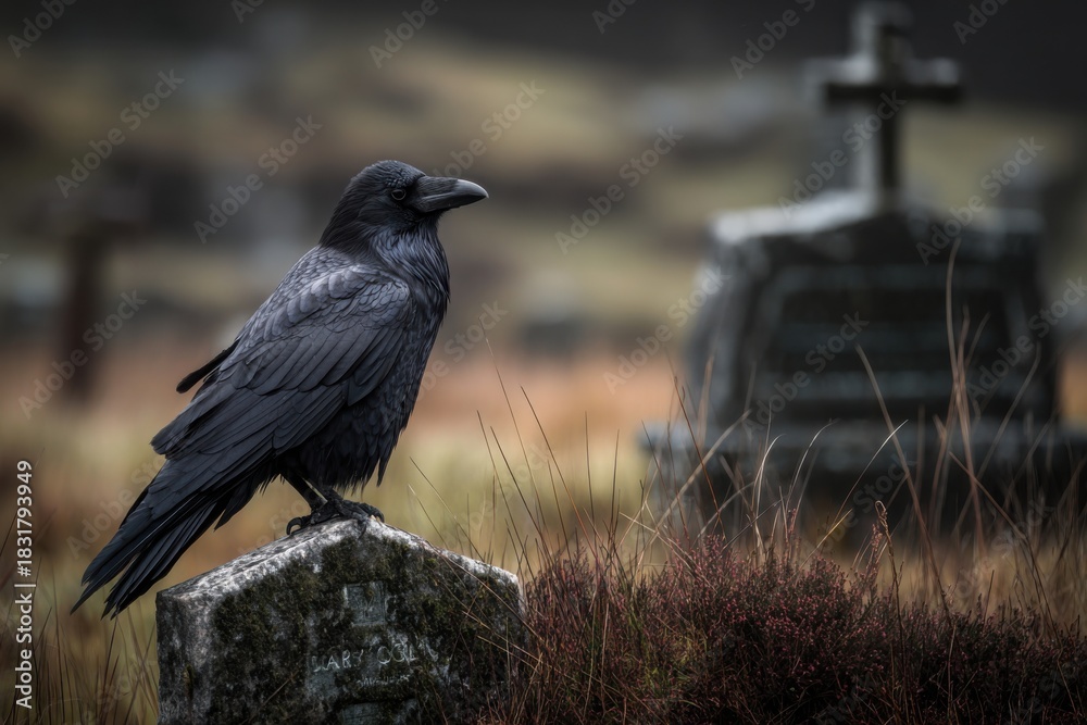 Obraz premium Raven on Gravestone in Misty Cemetery