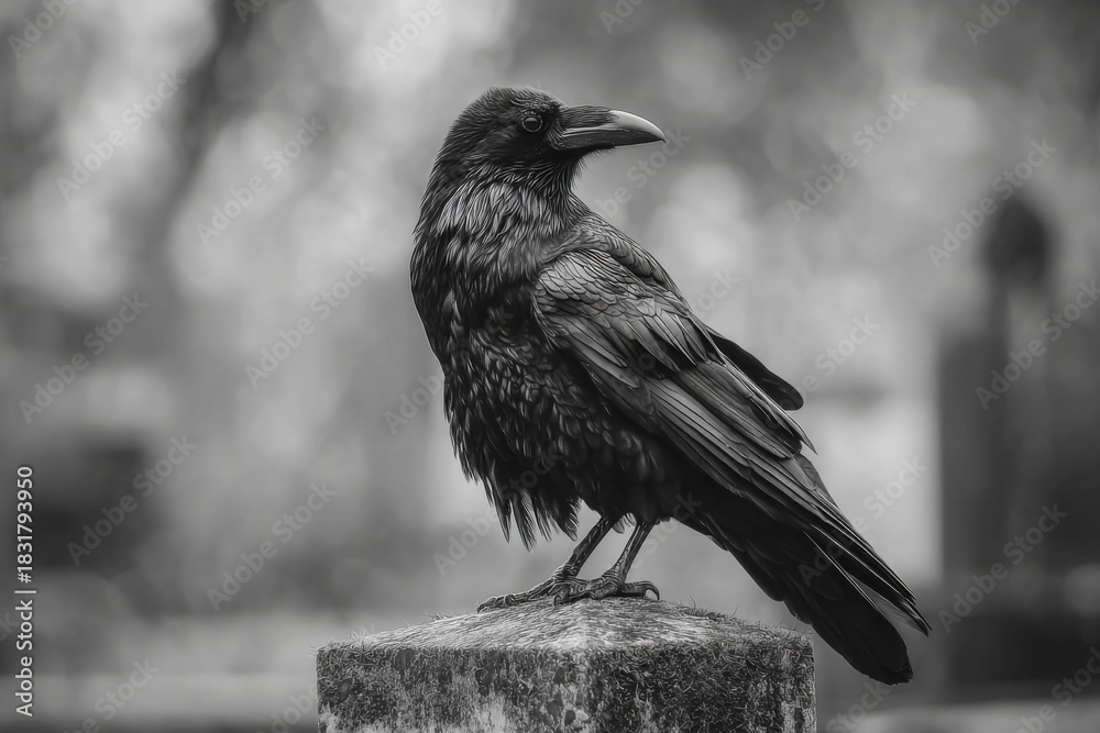 Obraz premium Raven Perched in Black and White