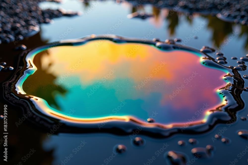 Naklejka premium Macro Shot of Rainbow-Colored Oil Spill on Glossy Black Surface