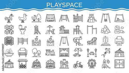 Playground and amusement park line icon set for kids' entertainment and recreation vector graphic collection