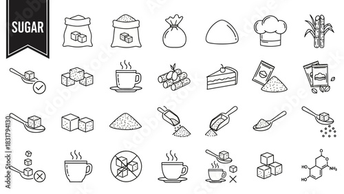 Vector icon sheet displaying symbols for sugar, sweets, and beverages, presented in a clean, simple outline graphic style