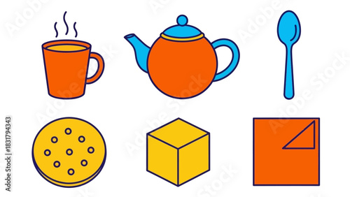 Diverse vector icon collection featuring everyday kitchenware and fundamental shapes, perfect for modern graphic design projects and digital interfaces