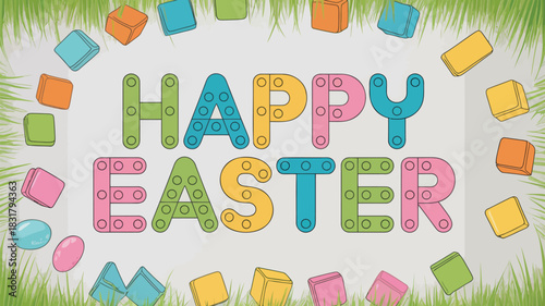 Abstract graphic design featuring bold geometric shapes and text elements on a textured grey background