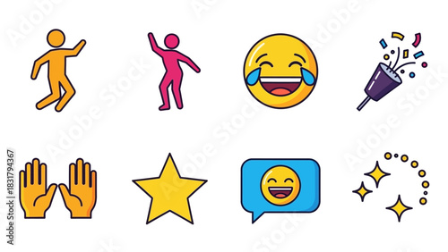 Colorful icon sheet featuring celebration and happiness symbols like party poppers, laughing emojis, and dancing people for graphic design