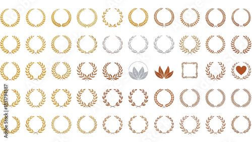 Collection of decorative laurel wreaths with various styles and colors for design elements