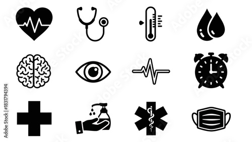 A comprehensive collection of essential black and white medical and healthcare icons, illustrating various aspects of wellness, diagnostics, and urgent care services