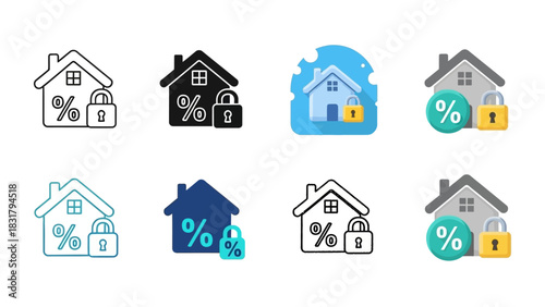 Home Mortgage Rate Icons Lock, Percentage, and House Symbols for Finance