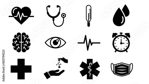 A versatile sheet of simple medical glyph icons for healthcare, medicine, and emergency services. Vector symbols collection for web and mobile