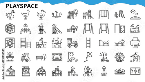 Collection of simple line art icons depicting various playground and recreational elements