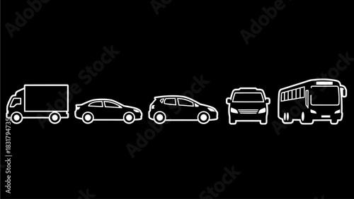 Minimalist line art vector icon set of various transportation vehicles. Includes car, truck, and bus symbols for infographic and UI design