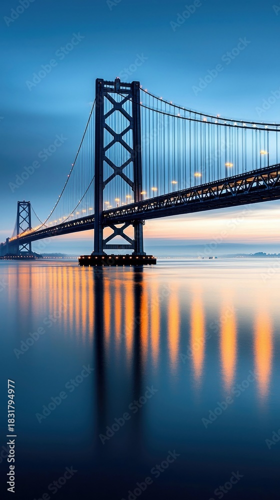 Obraz premium A long exposure photograph of a bridge over water at dusk, with the lights reflecting in the water. The sky is a gradient of blue and orange.