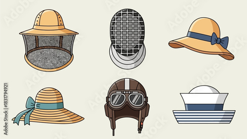 A stylized illustrated collection of headwear for various professions and hobbies, including beekeeper, aviator, and fencer