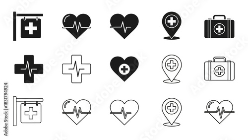 Collection of Medical and Healthcare Icons Crosses, Hearts, and Location Symbols