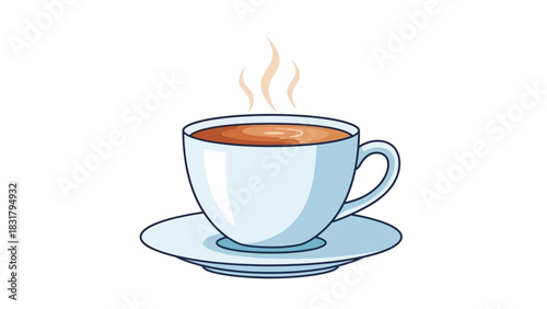 A simple vector illustration of a steaming hot cup of coffee or tea on a saucer, perfect for a cozy morning break