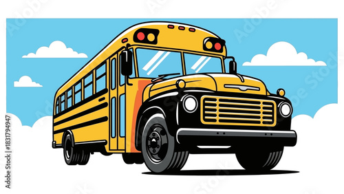 A stylized vector illustration of a classic yellow American school bus from a dynamic low-angle perspective against a blue sky with clouds