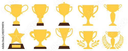 Trophy award cup collection, gold winner symbols with stars and laurels, champion victory prize set, classic competition emblem design illustration on transparent background